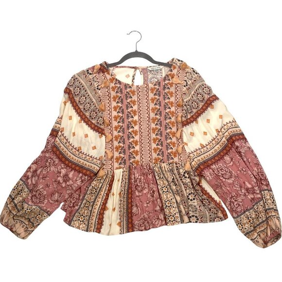 American Eagle Womens Boho Floral Patchwork Long Sleeve Peplum Blouse XS Tassel - Picture 4 of 11